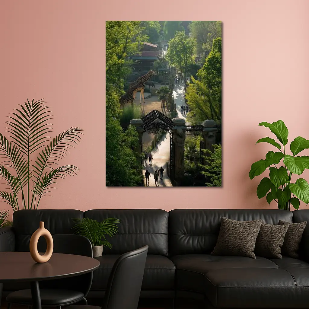 Giraffe At Zoo Gate Green Trees – Wall Art