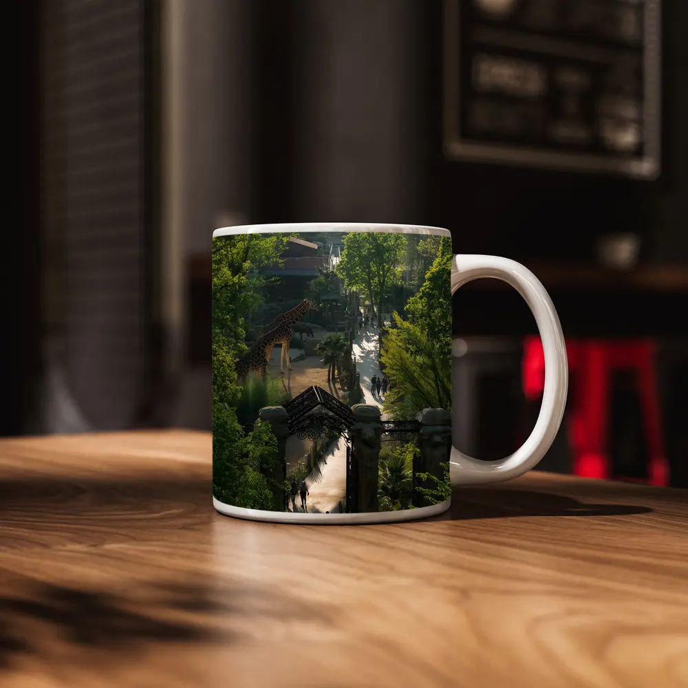 Giraffe At Zoo Gate Green Trees – Mugs
