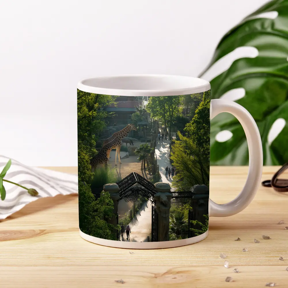 Giraffe At Zoo Gate Green Trees – Mugs