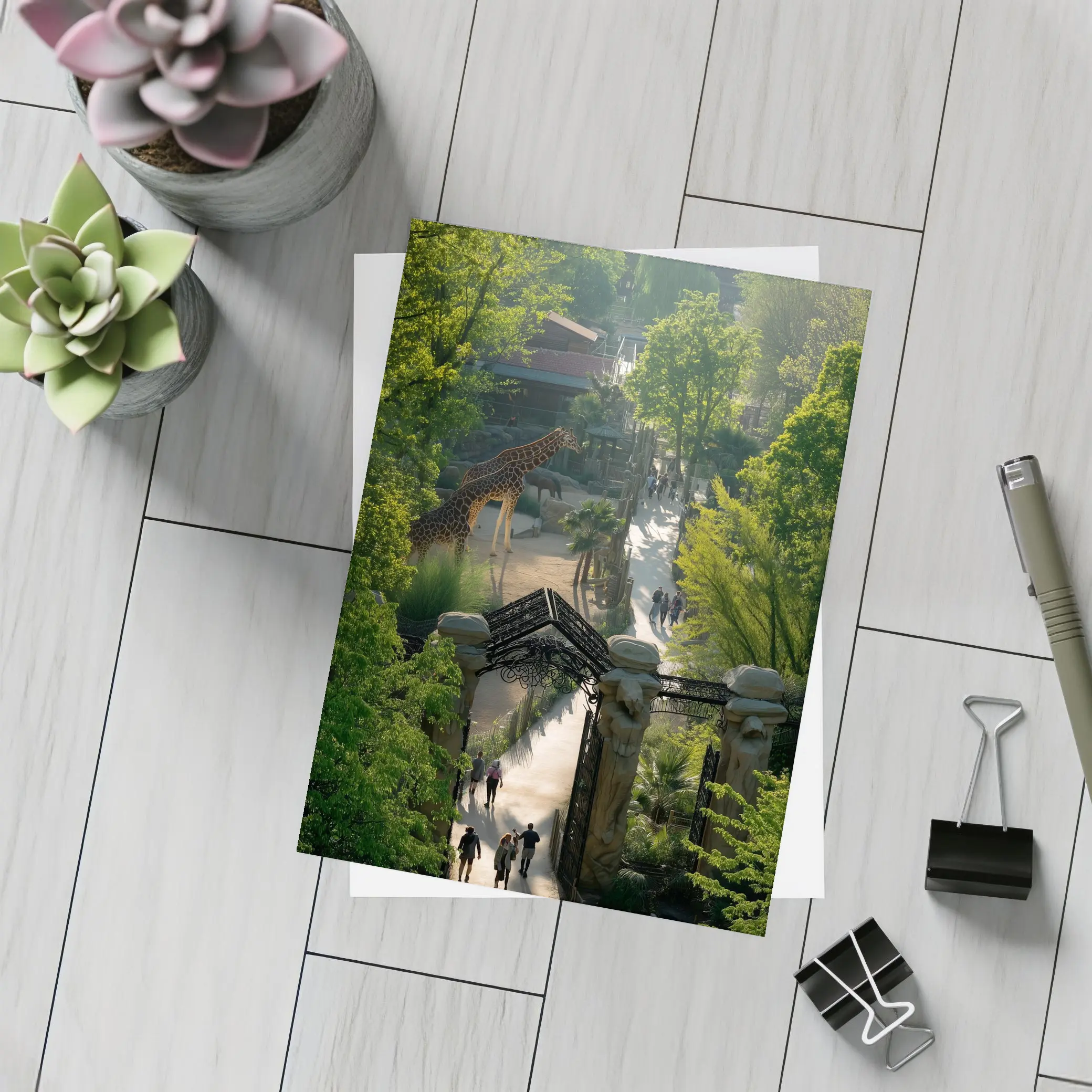Giraffe At Zoo Gate Green Trees – Postcards
