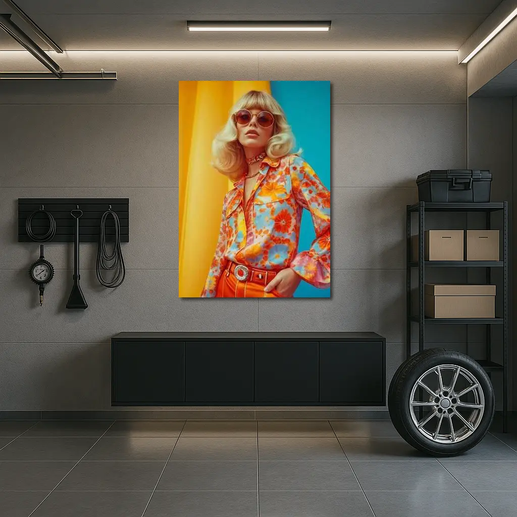 Retro Seventies Woman Floral Blouse Orange Background – Wall Art