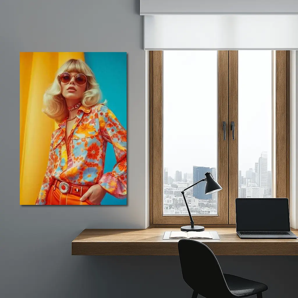 Retro Seventies Woman Floral Blouse Orange Background – Wall Art