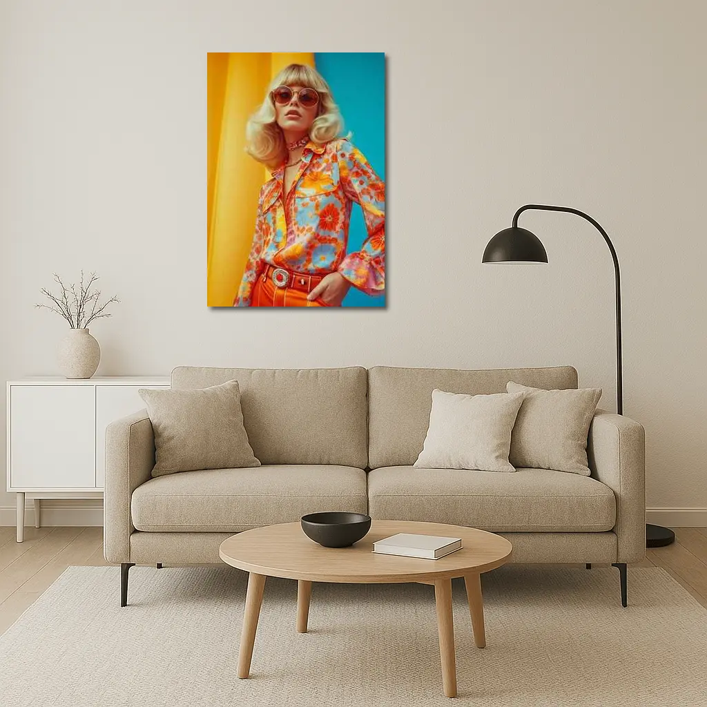 Retro Seventies Woman Floral Blouse Orange Background – Wall Art