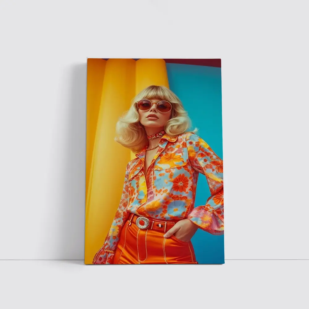 Retro Seventies Woman Floral Blouse Orange Background – Wall Art