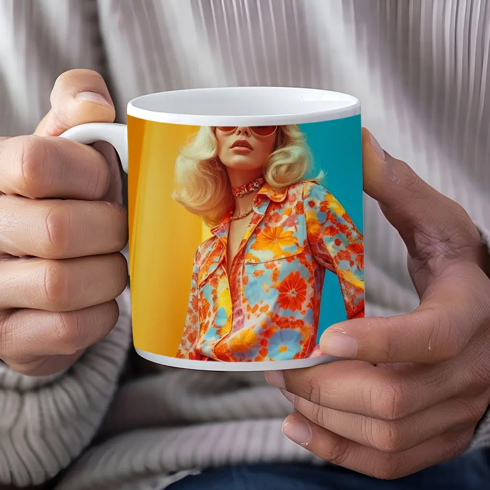 Retro Seventies Woman Floral Blouse Orange Background – Mugs