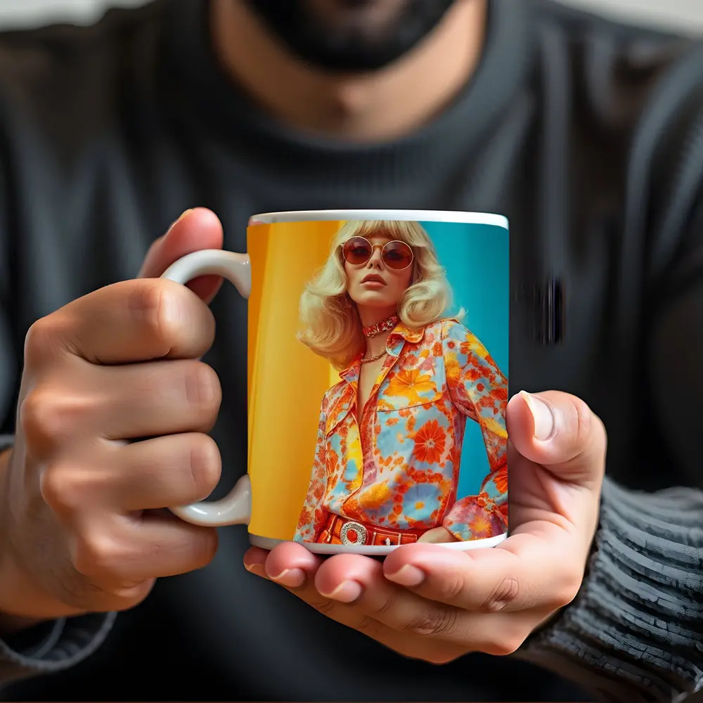 Retro Seventies Woman Floral Blouse Orange Background – Mugs