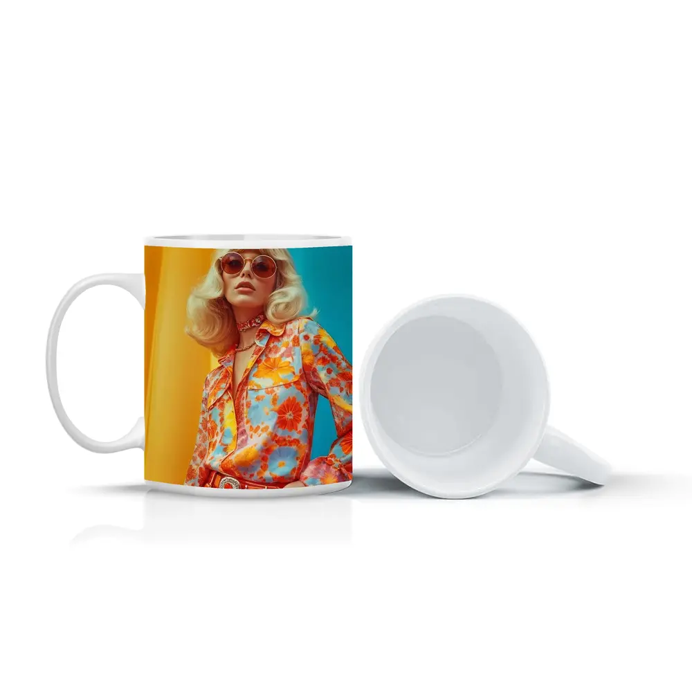 Retro Seventies Woman Floral Blouse Orange Background – Mugs