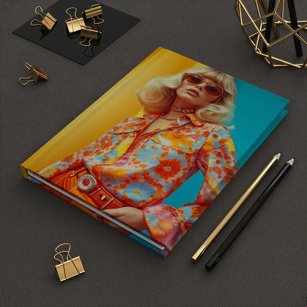 Retro Seventies Woman Floral Blouse Orange Background – Notebooks