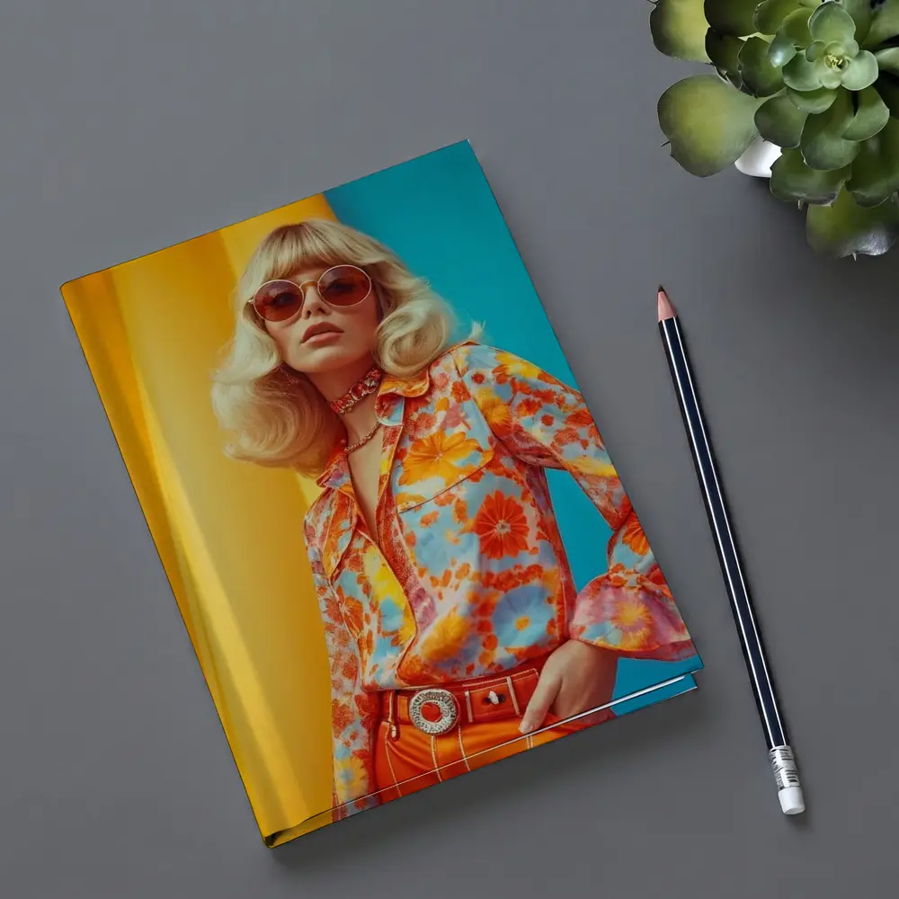 Retro Seventies Woman Floral Blouse Orange Background – Notebooks