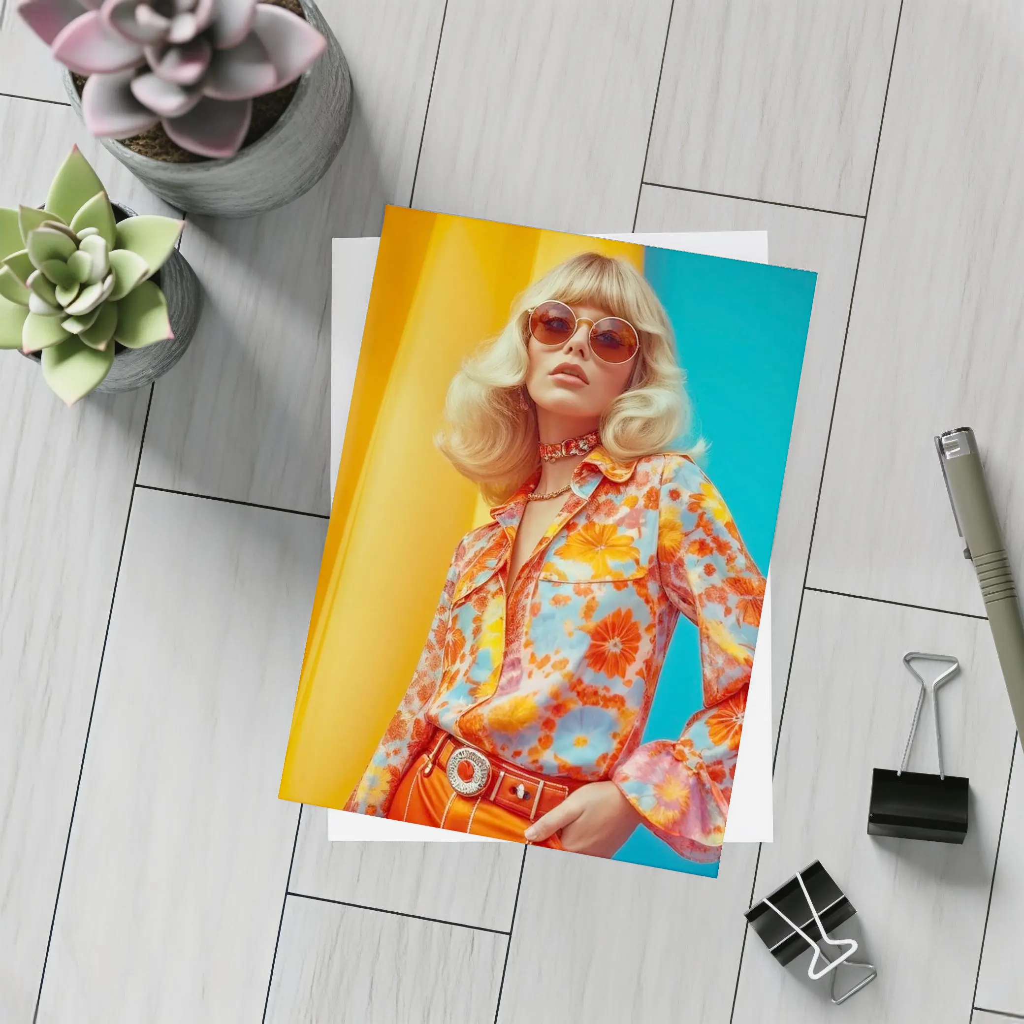 Retro Seventies Woman Floral Blouse Orange Background – Postcards