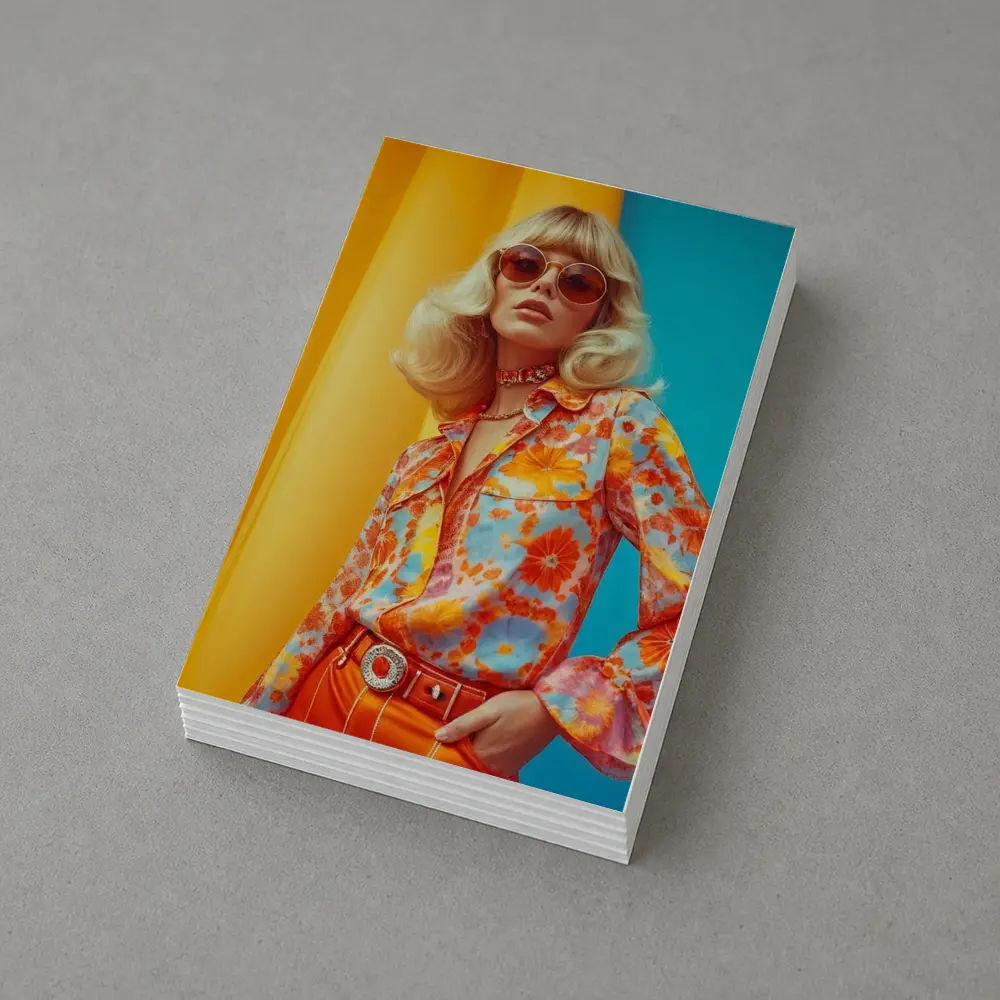 Retro Seventies Woman Floral Blouse Orange Background – Postcards
