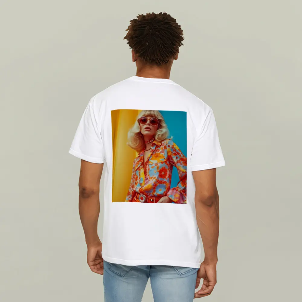 Retro Seventies Woman Floral Blouse Orange Background – T-Shirts