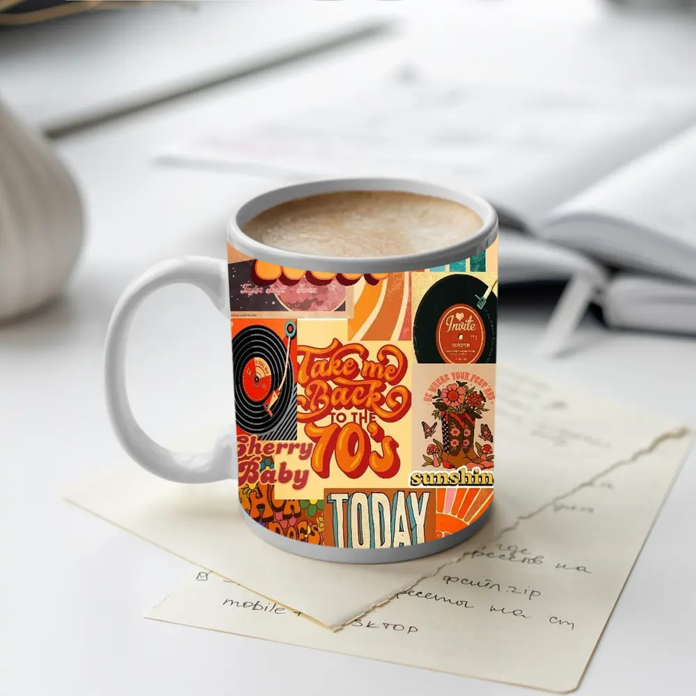 Retro Seventies Groovy Typography Collage Art – Mugs