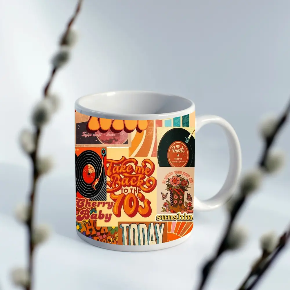 Retro Seventies Groovy Typography Collage Art – Mugs