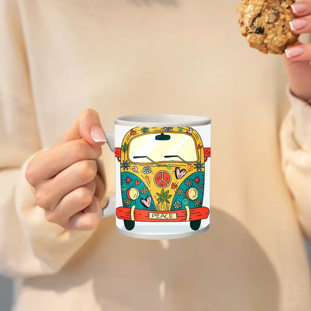Hippie Peace VW Bus Cartoon Art – Mugs