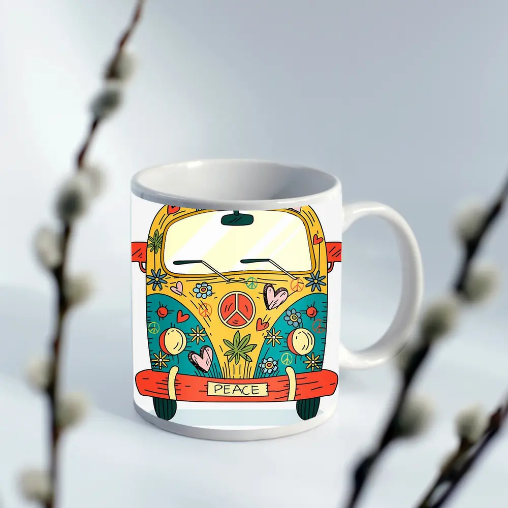 Hippie Peace VW Bus Cartoon Art – Mugs