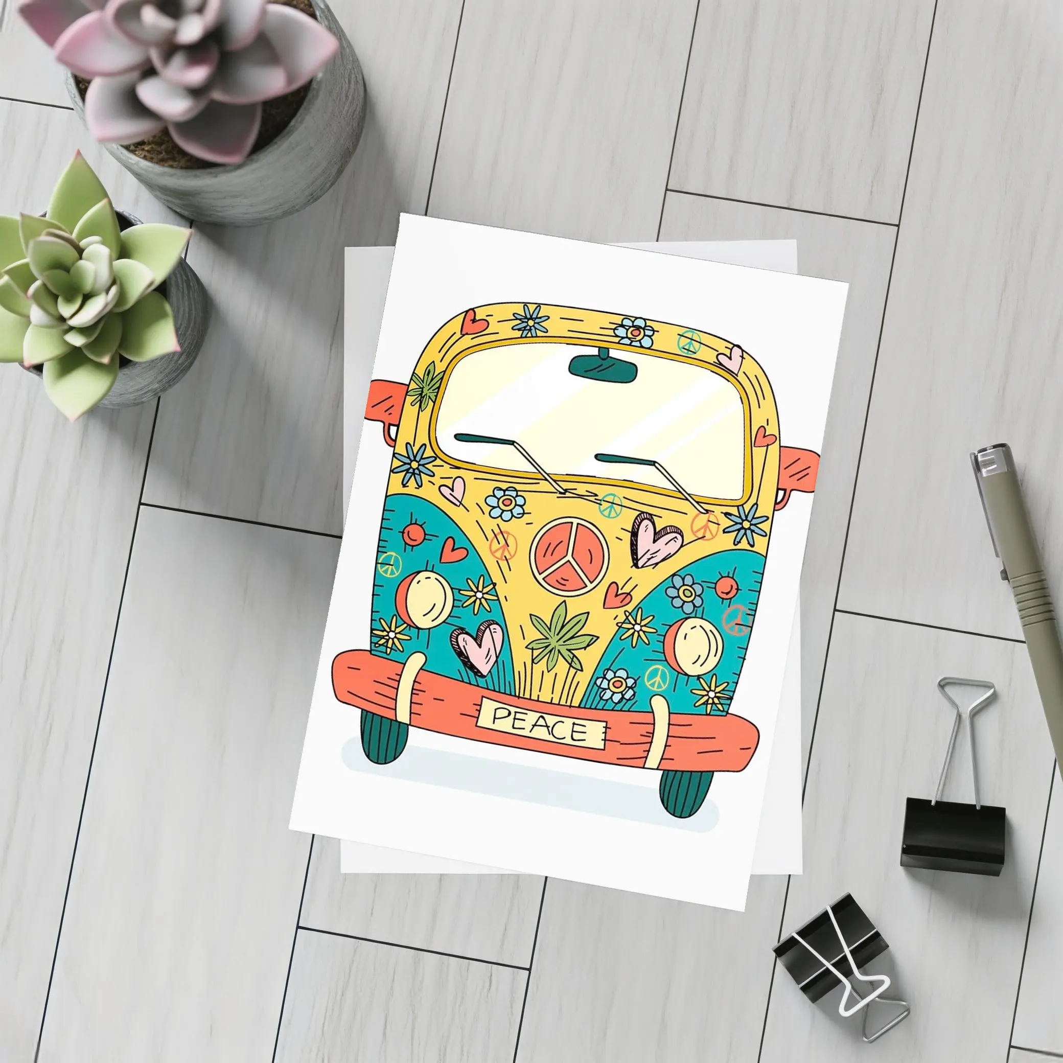 Hippie Peace VW Bus Cartoon Art – Postcards