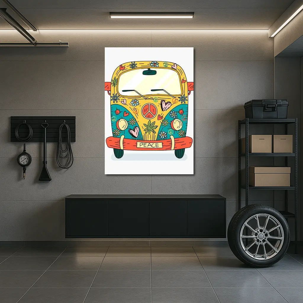Hippie Peace VW Bus Cartoon Art – Wall Art