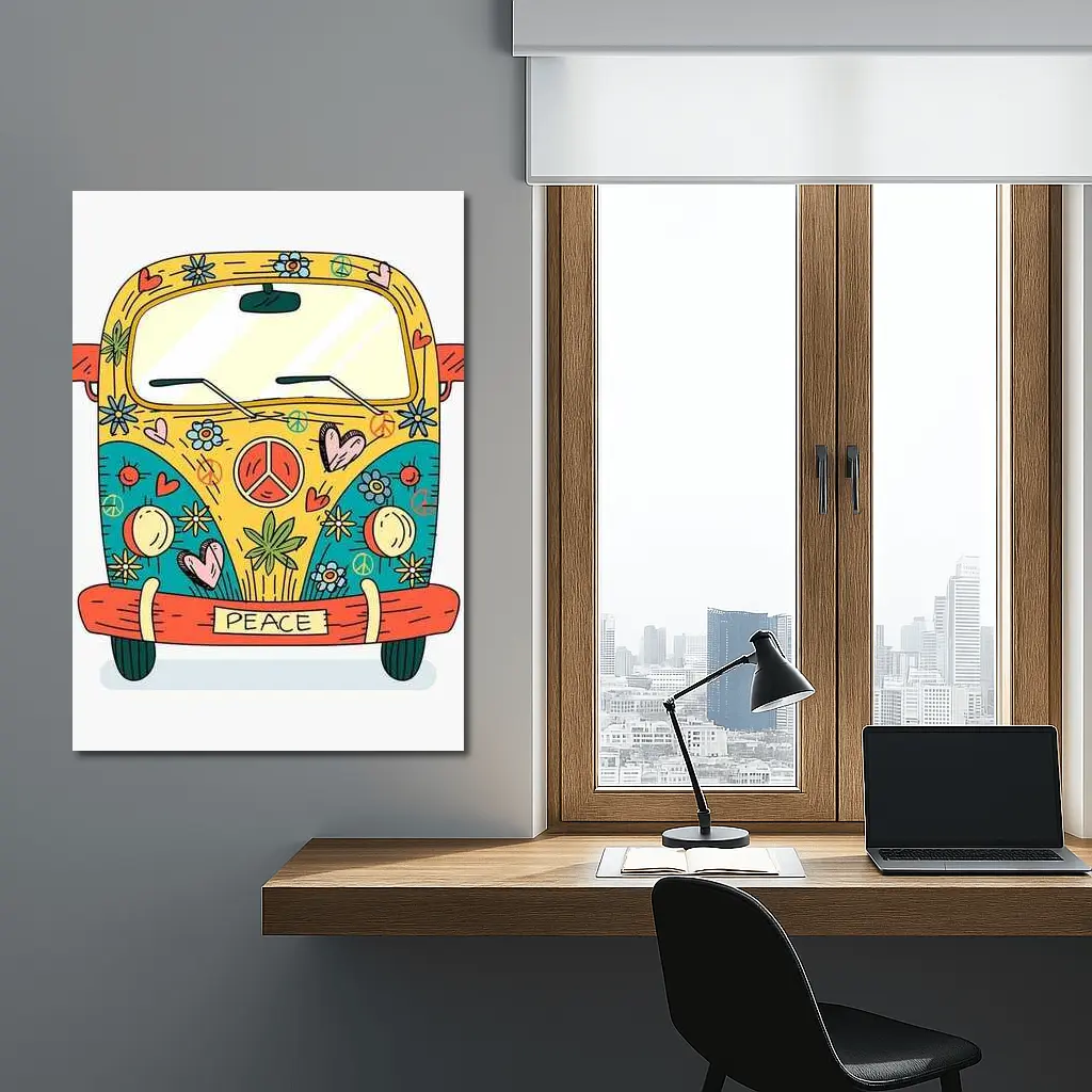 Hippie Peace VW Bus Cartoon Art – Wall Art
