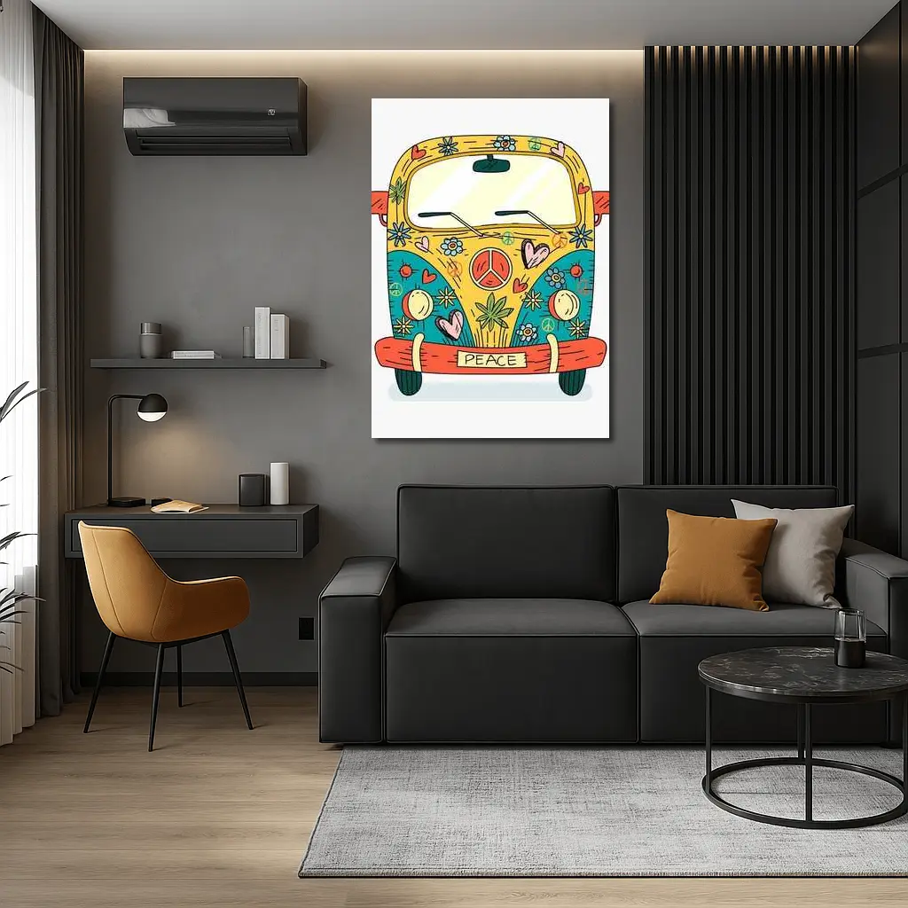 Hippie Peace VW Bus Cartoon Art – Wall Art