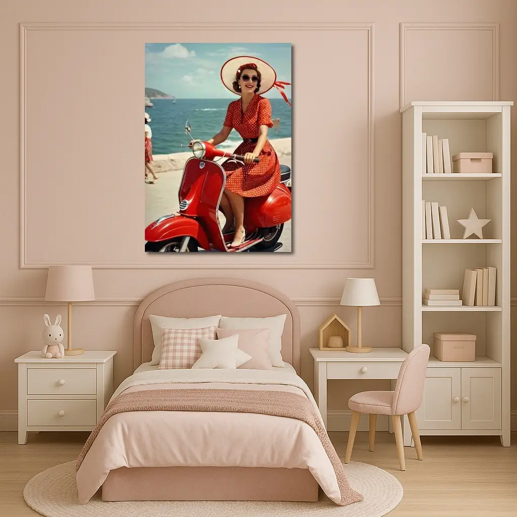 Retro Woman Red Scooter Coastal Scene – Wall Art