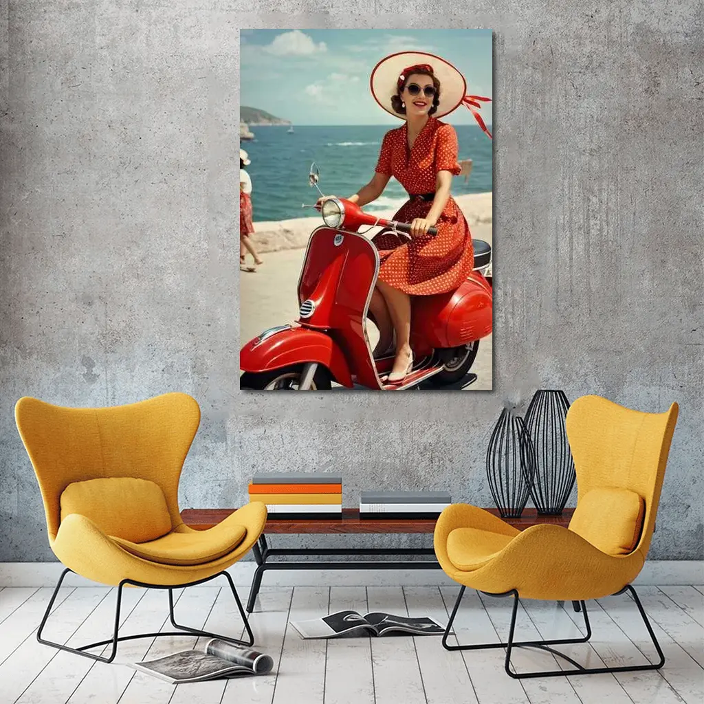 Retro Woman Red Scooter Coastal Scene – Wall Art
