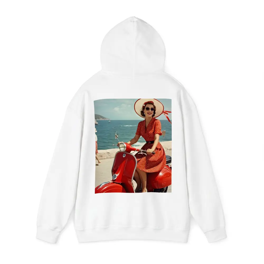 Retro Woman Red Scooter Coastal Scene – Hoodies