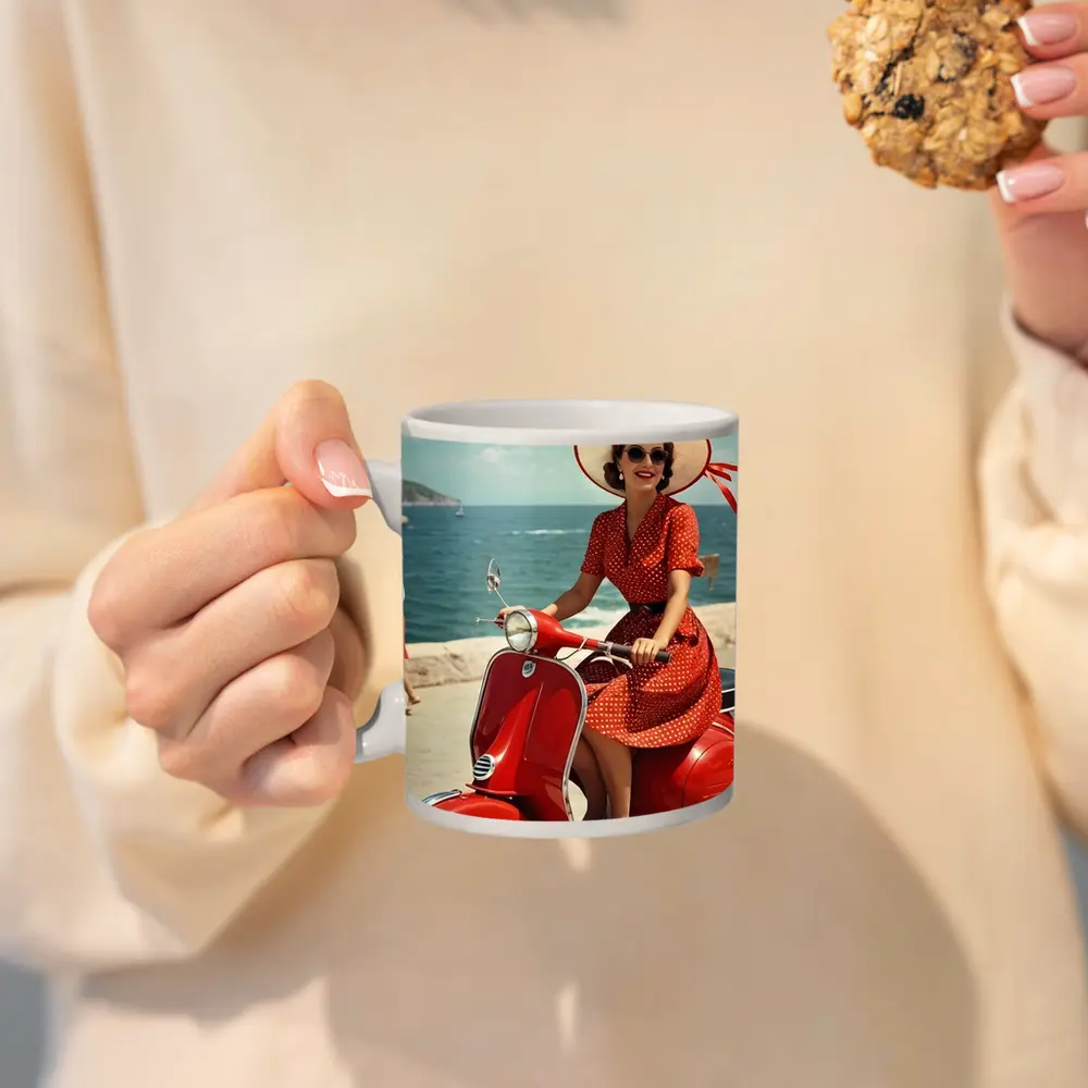 Retro Woman Red Scooter Coastal Scene – Mugs