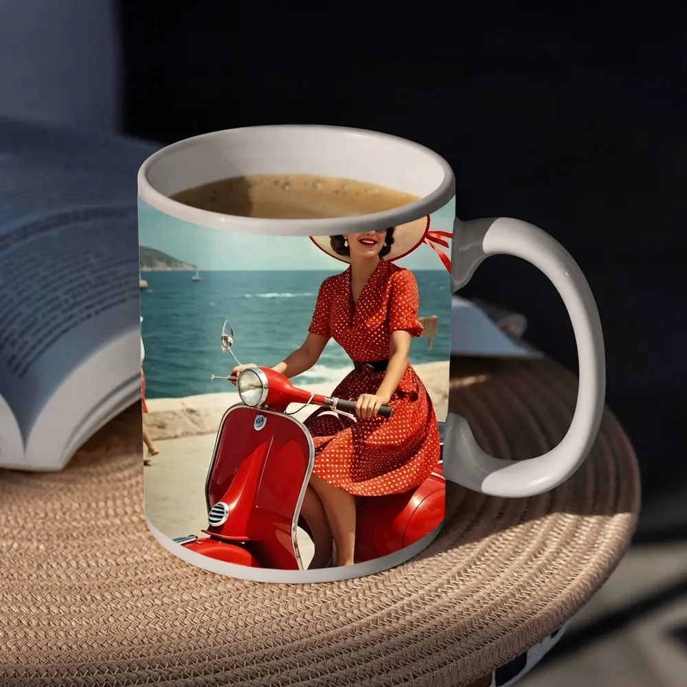 Retro Woman Red Scooter Coastal Scene – Mugs