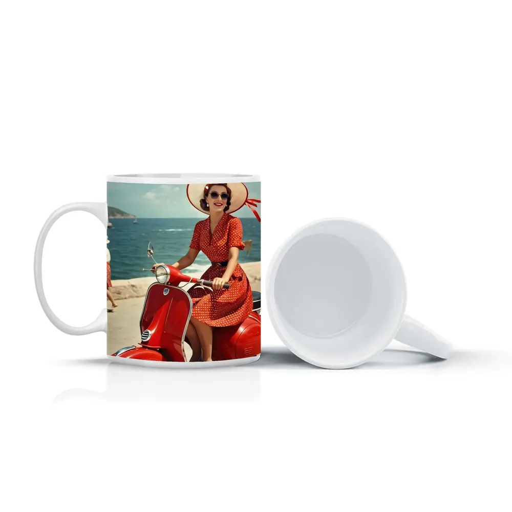 Retro Woman Red Scooter Coastal Scene – Mugs