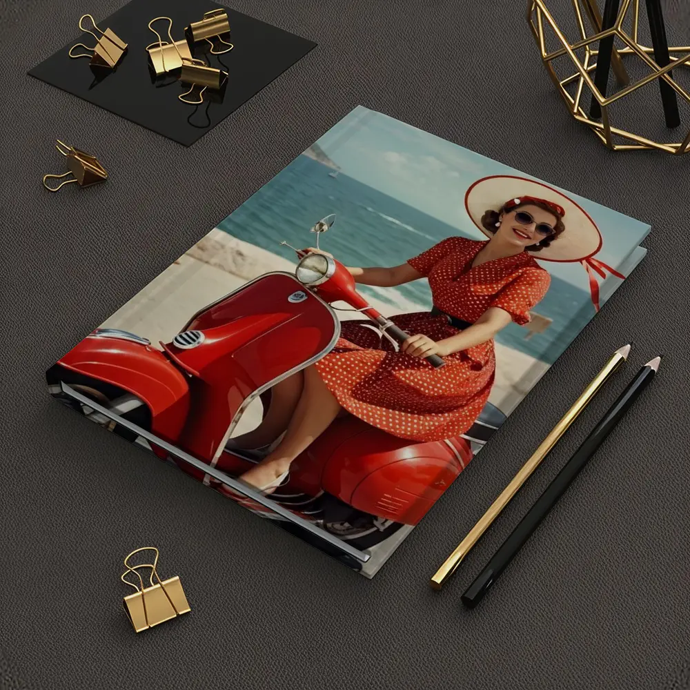 Retro Woman Red Scooter Coastal Scene – Notebooks