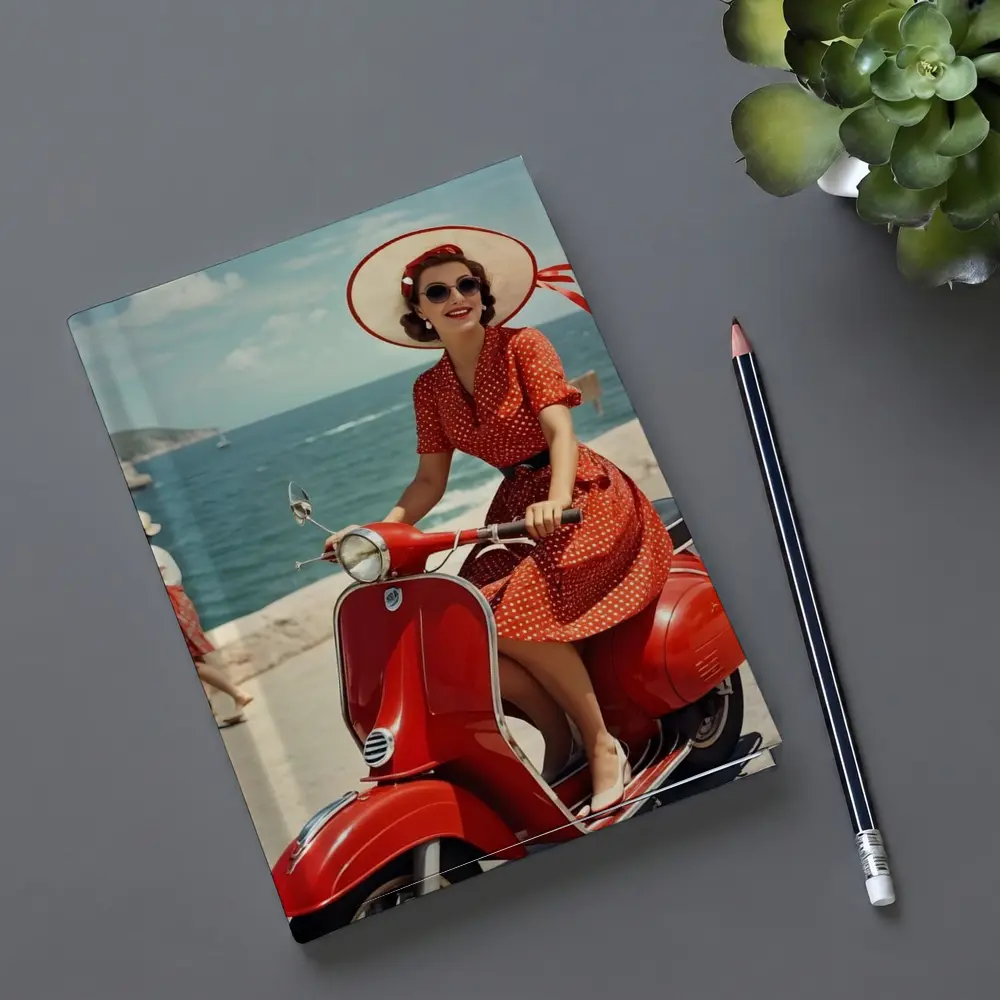 Retro Woman Red Scooter Coastal Scene – Notebooks