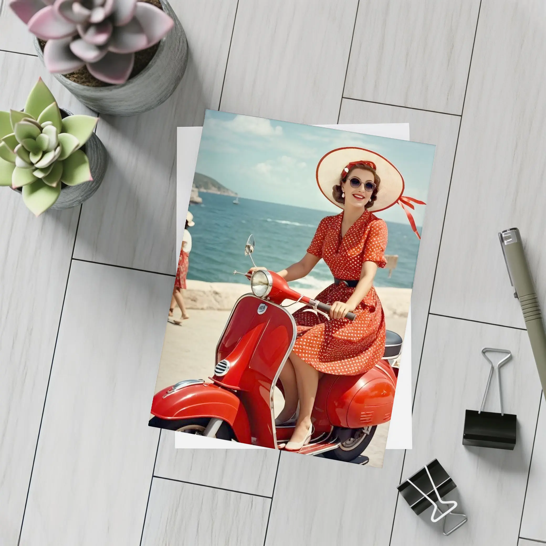 Retro Woman Red Scooter Coastal Scene – Postcards