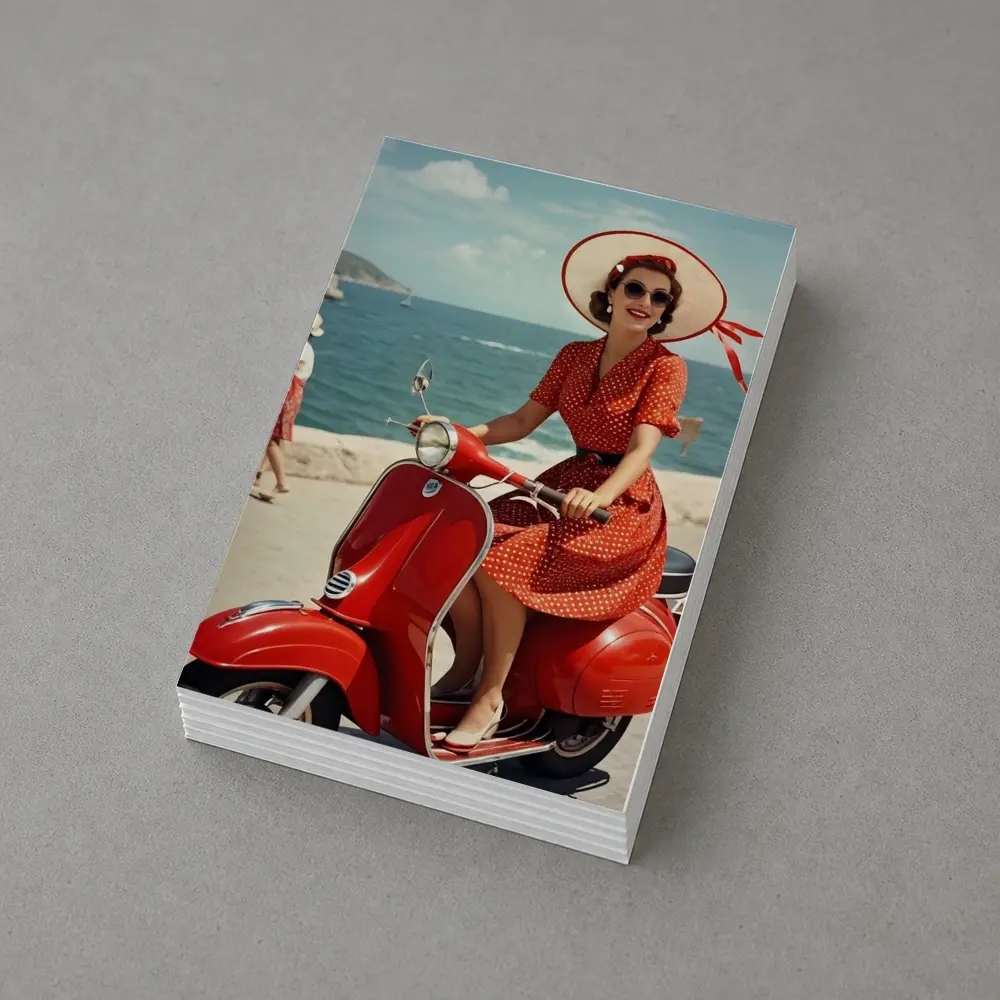 Retro Woman Red Scooter Coastal Scene – Postcards