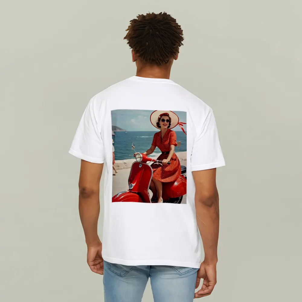 Retro Woman Red Scooter Coastal Scene – T-Shirts