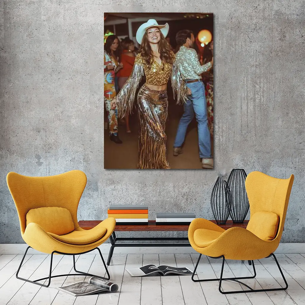 Gold Sequin Cowgirl Dancing at Party – Wall Art