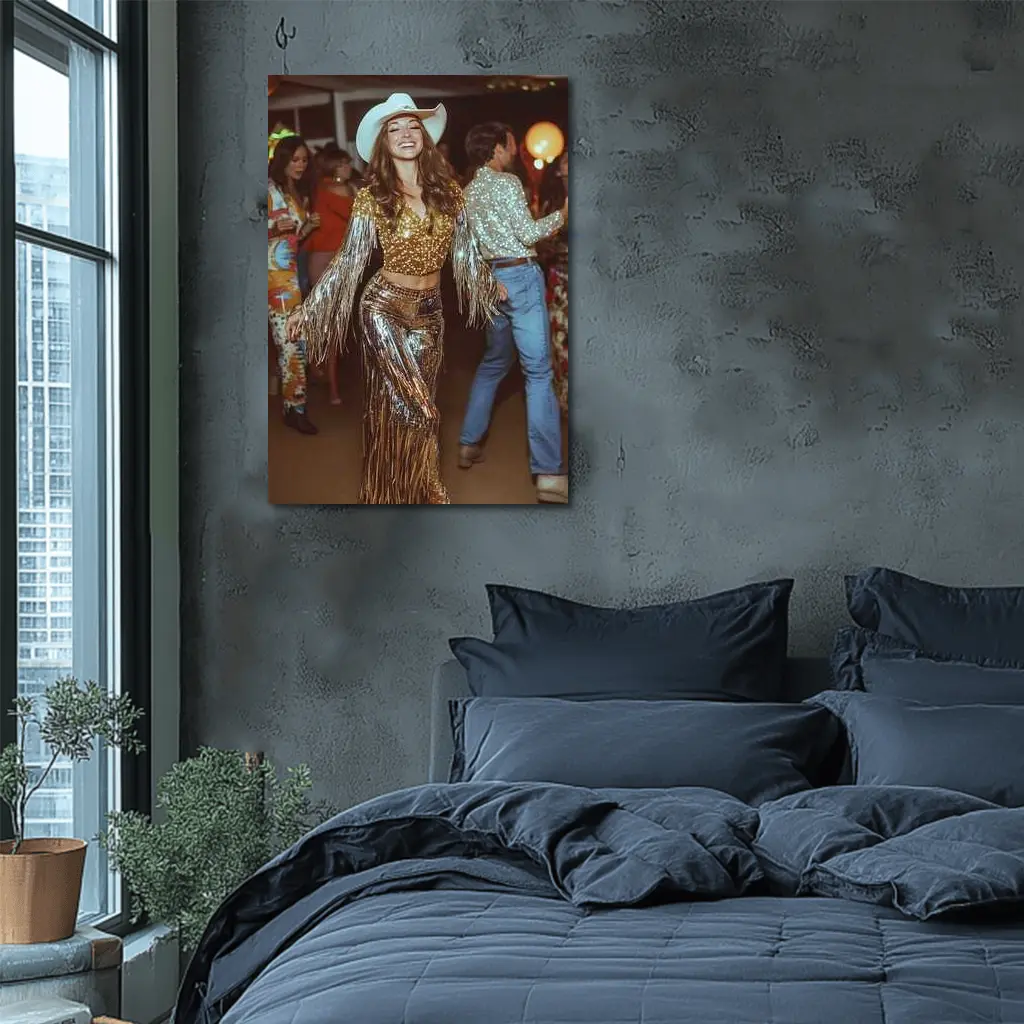 Gold Sequin Cowgirl Dancing at Party – Wall Art