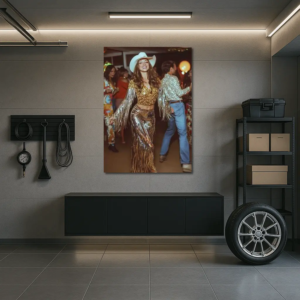 Gold Sequin Cowgirl Dancing at Party – Wall Art