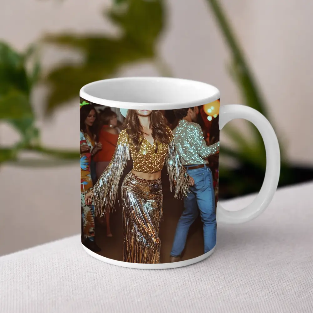 Gold Sequin Cowgirl Dancing at Party – Mugs