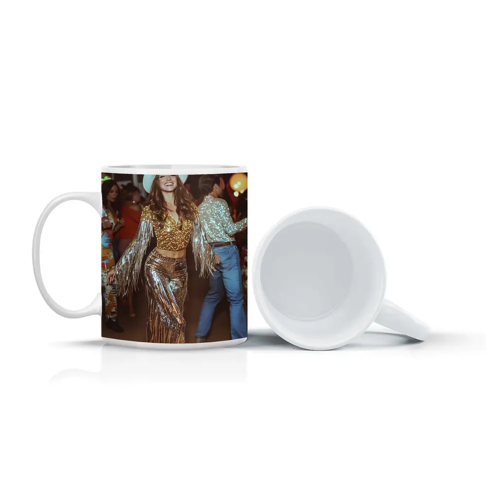 Gold Sequin Cowgirl Dancing at Party – Mugs