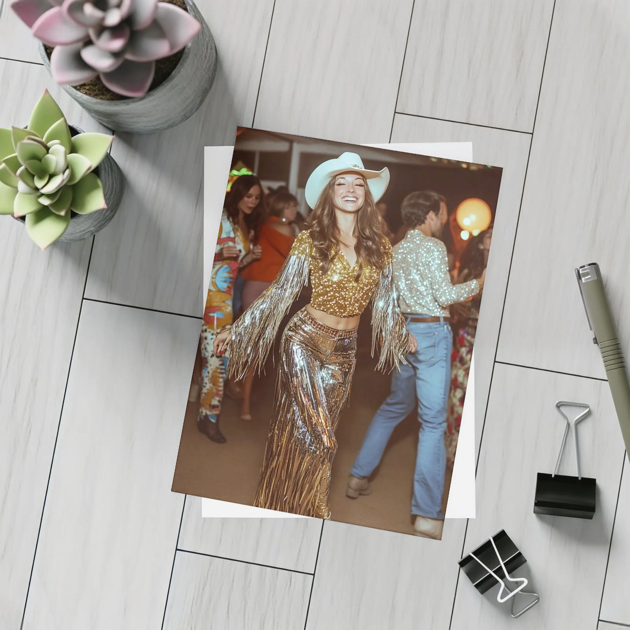 Gold Sequin Cowgirl Dancing at Party – Postcards