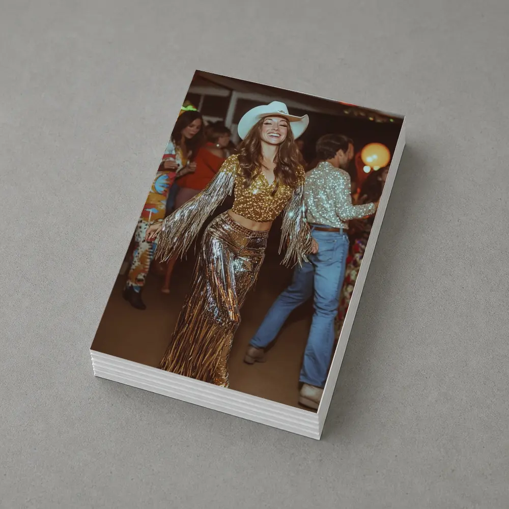 Gold Sequin Cowgirl Dancing at Party – Postcards