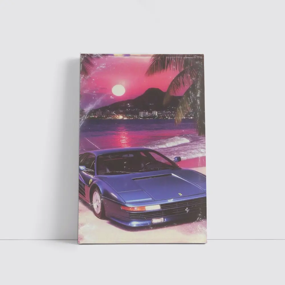 Ferrari Testarossa Blue Retro Tropical Beach Sunset – Wall Art