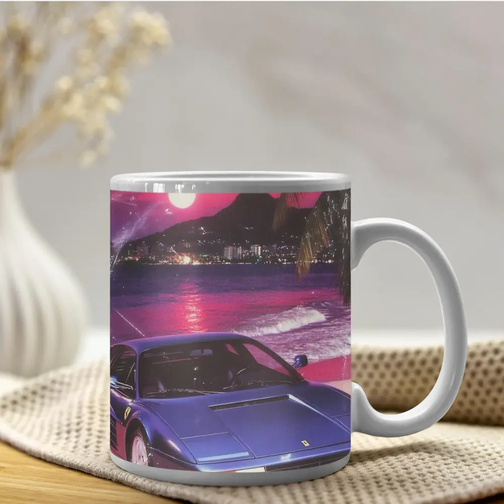 Ferrari Testarossa Blue Retro Tropical Beach Sunset – Mugs
