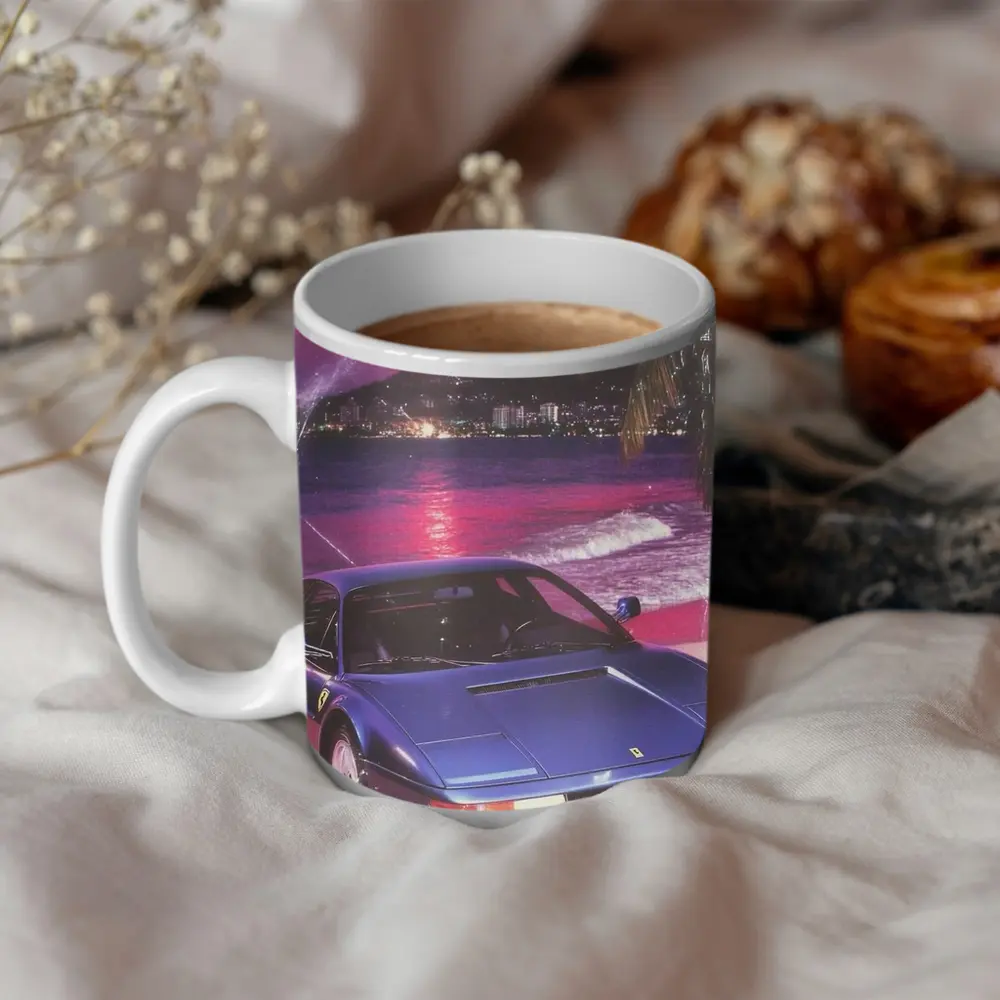 Ferrari Testarossa Blue Retro Tropical Beach Sunset – Mugs