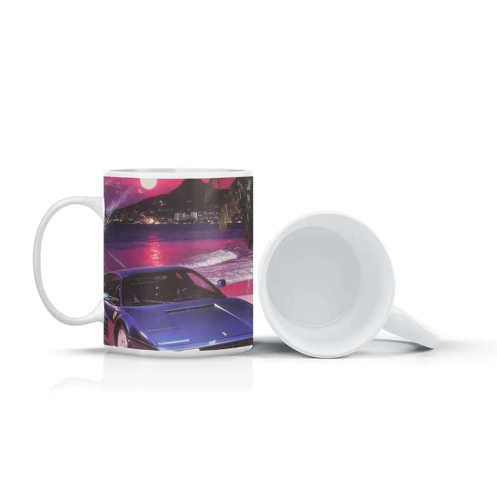 Ferrari Testarossa Blue Retro Tropical Beach Sunset – Mugs
