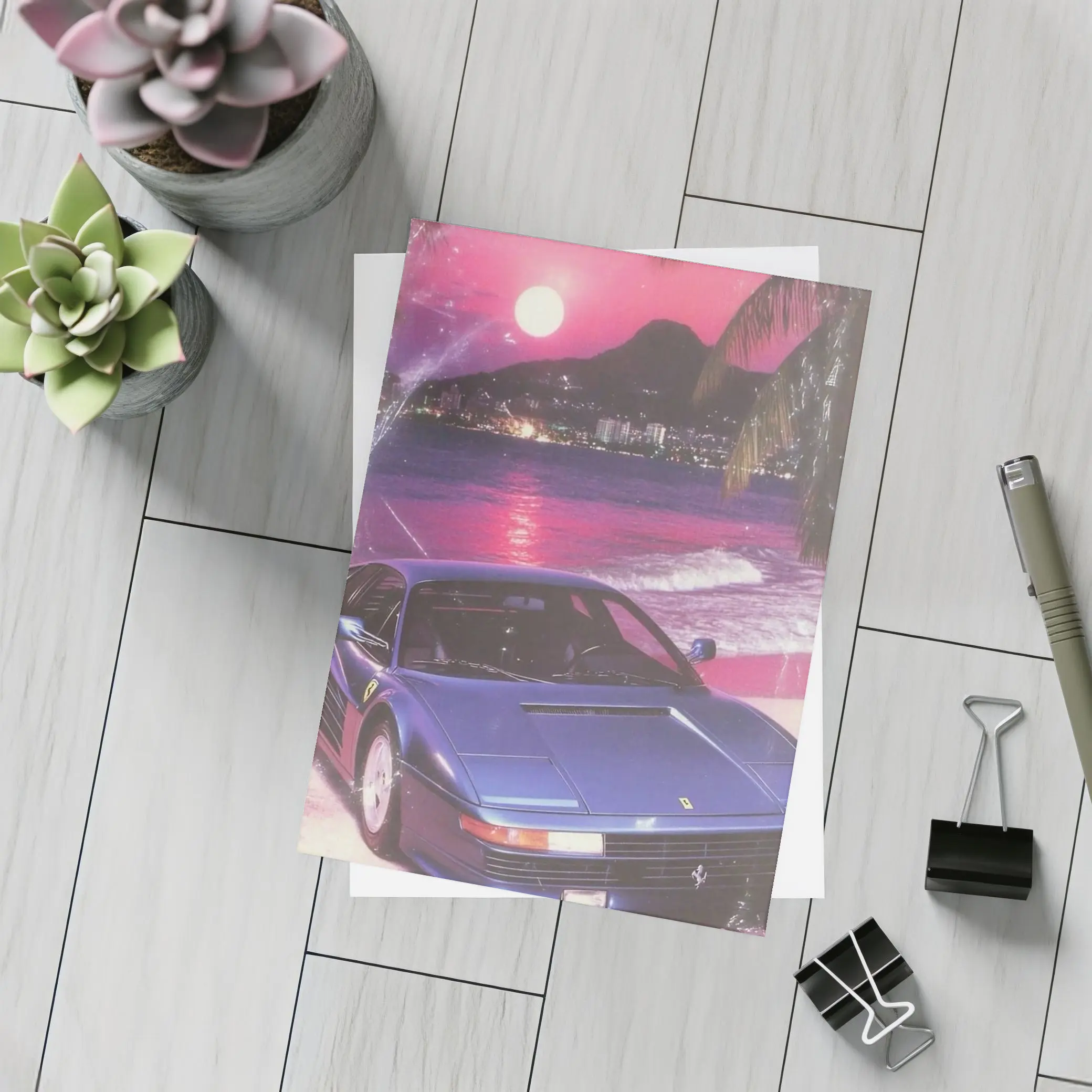 Ferrari Testarossa Blue Retro Tropical Beach Sunset – Postcards
