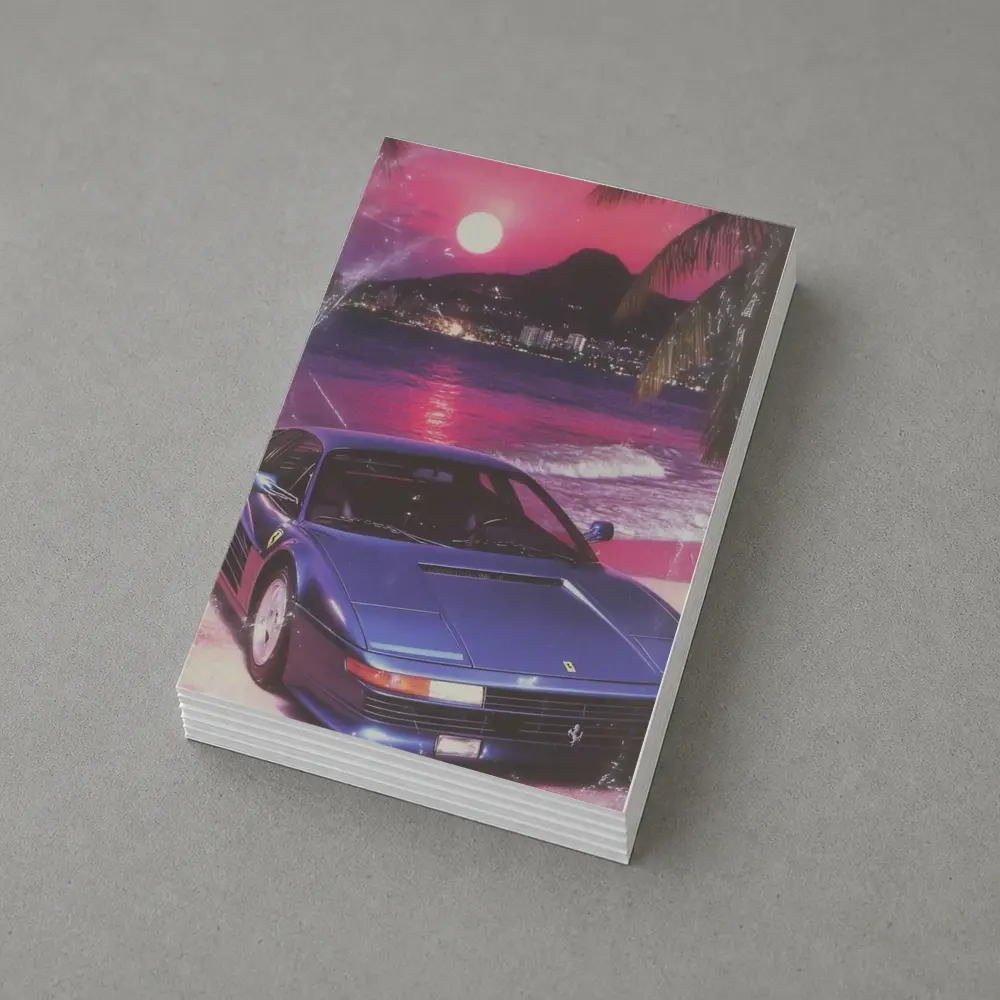 Ferrari Testarossa Blue Retro Tropical Beach Sunset – Postcards