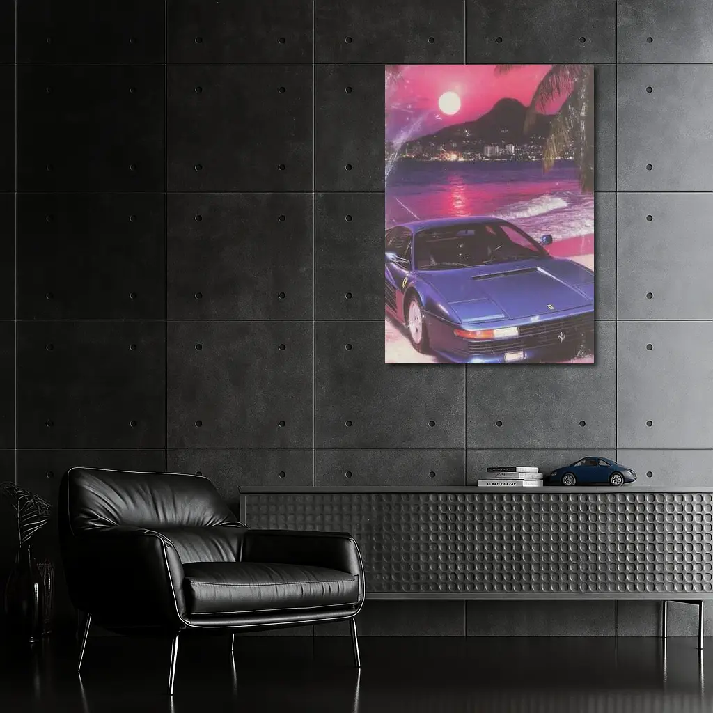 Ferrari Testarossa Blue Retro Tropical Beach Sunset – Wall Art