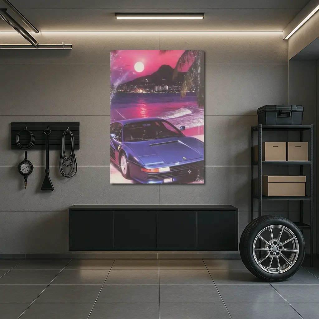 Ferrari Testarossa Blue Retro Tropical Beach Sunset – Wall Art